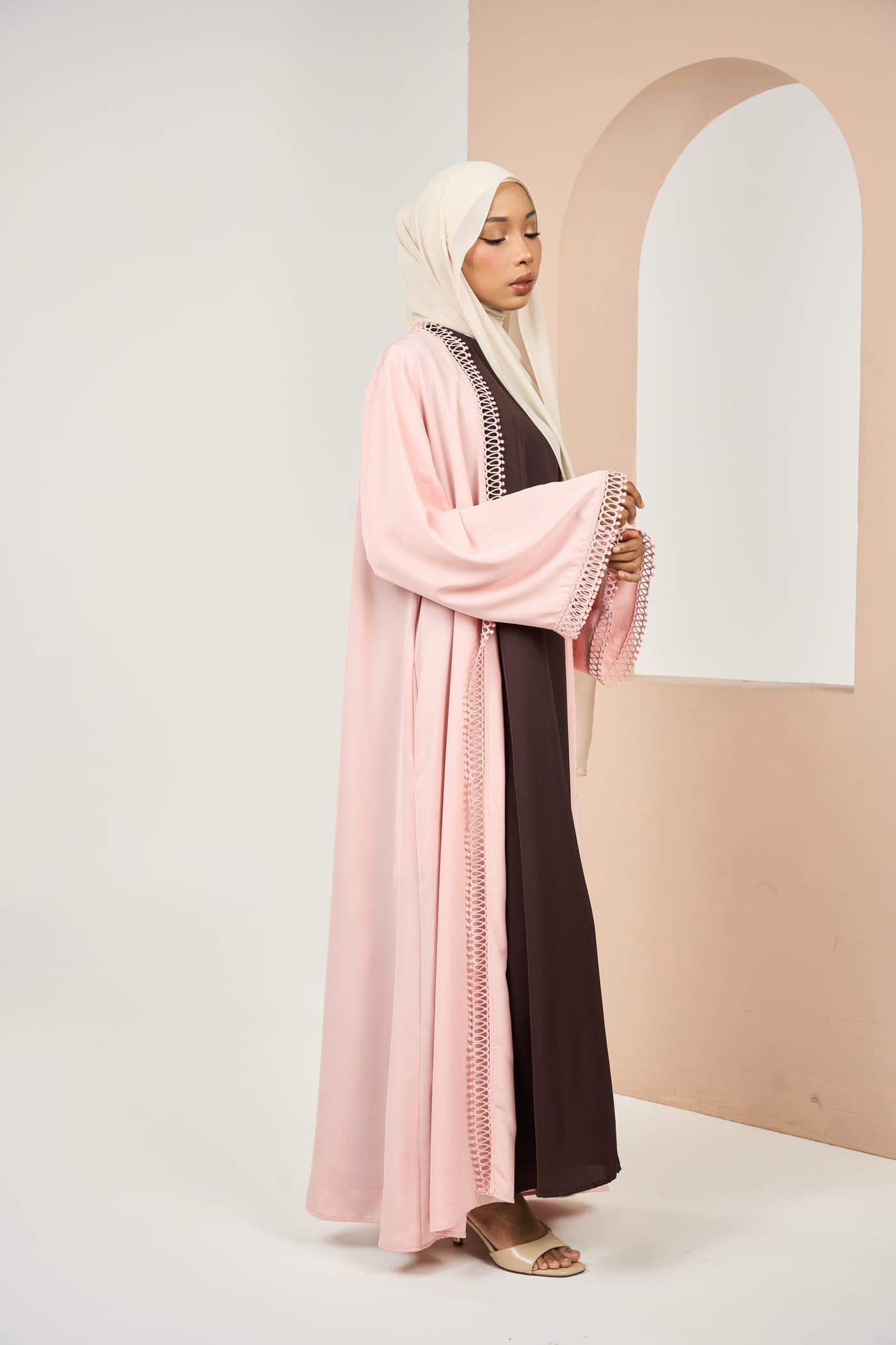 Torexia model wearing a Soft Pink abaya